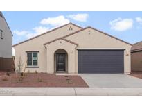 Charming single-story home with a dark gray garage door, landscaped front yard, and classic Southwestern architecture at 5201 S 251St Dr, Buckeye, AZ 85326