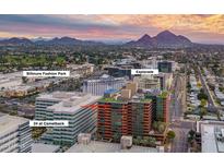 Stunning aerial view of the Esplanade and 24 at Camelback with mountain views in the background at sunset at 4808 N 24Th St # 1424, Phoenix, AZ 85016