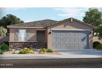 Charming single-story home features a two-car garage, stone accents, and a well-manicured front yard at 37097 W Prado St, Maricopa, AZ 85138