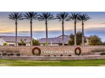 View of the Cobblestone Farms community entrance with lush landscaping and mature palm trees at 44566 W High Desert Trl, Maricopa, AZ 85139