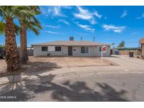 Charming single-story home featuring a gray exterior, palm tree, and expansive front yard at 3212 N 49Th Ln, Phoenix, AZ 85031