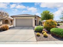 Charming single story home featuring a two car garage, desert landscaping, and a neutral color palette at 21573 N 261St Ave, Buckeye, AZ 85396