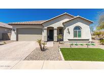 Charming single-story home featuring a well-maintained front yard, paved driveway, and attached garage at 19038 N Arbor Dr, Maricopa, AZ 85138