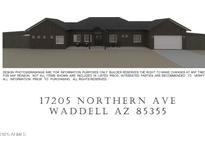 Charming home with a covered porch, clean landscaping, and a two-car garage at 17205 W Northern Ave, Waddell, AZ 85355