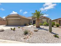 Charming home featuring desert landscaping with a healthy palm tree and stone accents at 3843 E Hazeltine Way, Chandler, AZ 85249