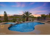 Backyard pool features a tranquil rock waterfall, palm trees, spa, and outdoor trampoline at 3816 E El Sendero Rd, Cave Creek, AZ 85331