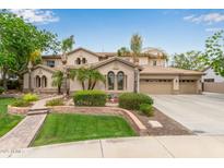 Expansive home with manicured front lawn, mature palms, and neutral color scheme at 2024 E Taurus Pl, Chandler, AZ 85249