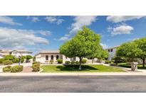 Charming single-story home featuring manicured lawn, mature tree, and covered entry at 3356 E Vallejo Ct, Gilbert, AZ 85298
