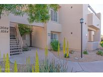 Exterior view of a modern apartment building with well-maintained landscaping and a pedestrian walkway at 11333 N 92Nd St # 1085, Scottsdale, AZ 85260