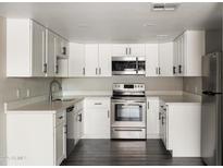 Updated kitchen featuring white cabinets, stainless steel appliances and gray wood flooring at 7920 E Camelback Rd # 110, Scottsdale, AZ 85251