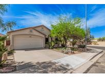 Charming single-story home with a well-maintained lawn, mature trees, and a two-car garage in a quiet neighborhood at 9309 E Obispo Ave, Mesa, AZ 85212