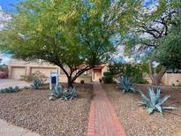 Tan home featuring desert landscaping, a brick walkway, and mature trees offering shade at 9802 N 77Th St, Scottsdale, AZ 85258