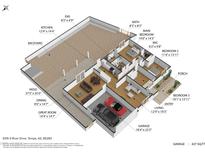 Detailed floor plan showcasing layout of living spaces, bedrooms, backyard and garage at 5315 S River Dr, Tempe, AZ 85283