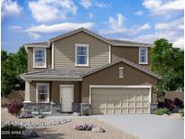 Charming two-story home featuring a neutral color palette, stone accents, and a two-car garage at 24253 W Hidalgo Ave, Buckeye, AZ 85326
