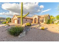 Charming single-story home with desert landscaping, featuring a large saguaro cactus and stone accents at 5381 S Emerald Desert Dr, Gold Canyon, AZ 85118