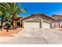 Two-car garage of a charming single-story home with a well-manicured desert landscape and a beautiful palm tree at 1538 W Wagner Dr, Gilbert, AZ 85233