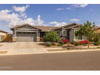 Beautiful single-story home featuring manicured landscaping, gray stucco, and a two-car garage at 22670 E Russet Rd, Queen Creek, AZ 85142
