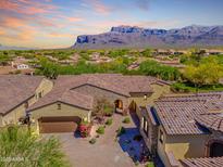 Desert home featuring a stone archway entrance, blooming flowers, and mountain views at 3171 S Hawthorn Ct, Gold Canyon, AZ 85118