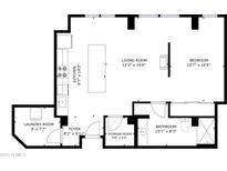 Detailed floor plan showing layout of kitchen, living room, bedroom, and laundry room with dimensions at 535 W Thomas Rd # 407, Phoenix, AZ 85013