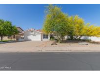 Charming single-story home featuring a well-manicured front yard with mature desert landscaping and a spacious driveway at 7214 W Columbine Dr, Peoria, AZ 85381