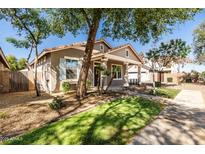 Charming single-story home with a well-manicured lawn and mature trees providing shade on a sunny day at 3756 E Waite Ln, Gilbert, AZ 85295