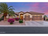 Charming single-story home with a three-car garage, desert landscaping, and a beautiful palm tree at 1019 N Tambor Cir, Mesa, AZ 85207