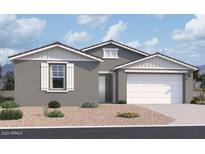 Charming single-story home with a gray exterior, white trim, a two-car garage, and well-maintained landscaping at 32123 N Lone Rancher Way, San Tan Valley, AZ 85140