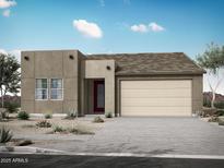 Modern single-story home featuring desert landscaping, a two-car garage, and a red front door at 4163 W Brenley Dr, San Tan Valley, AZ 85144