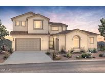 Charming two-story stucco home with a two-car garage and desert landscaping, showcasing Southwest architecture at 26026 S 224Th Way, Queen Creek, AZ 85142