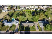 Expansive property with mature trees, a swimming pool, and a charming single-story home outlined with a yellow property line at 125 N Fraser E Dr, Mesa, AZ 85203