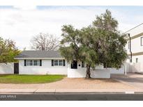 Charming white home featuring manicured landscaping and a mature tree, exuding curb appeal at 6522 E 2Nd St, Scottsdale, AZ 85251