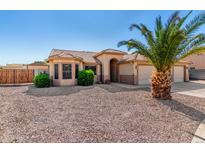 Single-story home with desert landscaping and a lovely palm tree, featuring large bay windows at 1138 E Avenida Isabela St, Casa Grande, AZ 85122