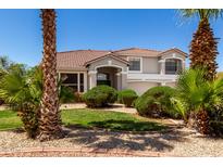 Beautiful home with palm trees, lush bushes, and a well-manicured lawn at 5322 N Oro Vista Ct, Litchfield Park, AZ 85340