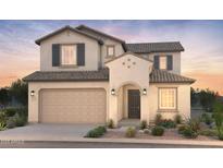 Inviting two-story home with neutral stucco, dark shutters, tile roof, two car garage, and desert landscaping at 21247 E Cattle Dr, Queen Creek, AZ 85142