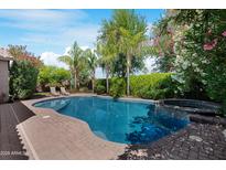 Backyard oasis featuring a sparkling pool with a spa and lush tropical landscaping at 2856 E Desert Broom Pl, Chandler, AZ 85286