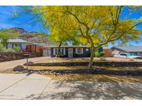 Charming home featuring attractive landscaping, a stone retaining wall, and a vibrant yellow tree against a mountain backdrop at 1527 E Sunnyslope Ln, Phoenix, AZ 85020