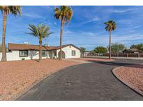 Wide, curved driveway leading to a well-maintained home with mature palm trees and attractive landscaping at 22312 W Hammond Dr, Buckeye, AZ 85326