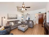Bright living room featuring a high ceiling, wood-look floors, and cozy gray couches at 9121 W Topeka Dr, Peoria, AZ 85382