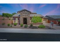 Charming single-story home featuring stone accents, manicured landscaping, and a welcoming front entrance at 25449 N 102Nd Dr, Peoria, AZ 85383