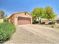 Charming single-story home showcasing a well-maintained front yard and a two-car garage at 44182 W Juniper Ave, Maricopa, AZ 85138