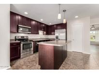 Well-equipped kitchen featuring stainless steel appliances, a center island, and dark wood cabinets at 8716 E Holly St, Scottsdale, AZ 85257