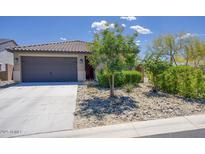 Charming single-story home with a well-maintained front yard and a two-car garage at 16551 W Desert Ln, Goodyear, AZ 85338