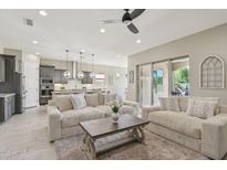 Bright living room features comfortable seating and an open layout with access to the patio at 18530 E Mockingbird Ct, Queen Creek, AZ 85142