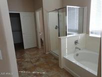Bright bathroom featuring a glass-enclosed shower and a soaking tub beneath a window at 29797 W Mitchell Ave, Buckeye, AZ 85396