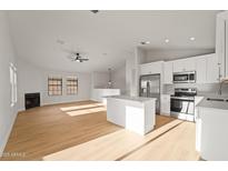 Open-concept living room featuring a modern kitchen with stainless steel appliances and bright, natural light at 921 S Val Vista Dr # 135, Mesa, AZ 85204
