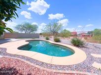 Backyard pool with stone border, landscaping and blue skies at 1248 W Deoni Trl, San Tan Valley, AZ 85143