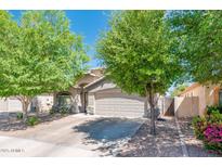 Charming single-story home featuring a well-maintained front yard with mature trees and a two-car garage at 1144 E Elm Rd, San Tan Valley, AZ 85140
