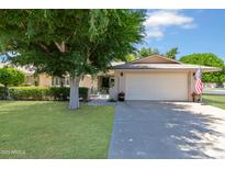 Charming home featuring a lush lawn, mature tree, and a two-car garage with an American flag at 17890 N 99Th Dr, Sun City, AZ 85373
