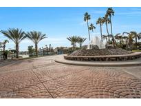 Community water feature with mature palm trees and views of neighboring homes on the water at 1414 W Coral Reef Dr, Gilbert, AZ 85233