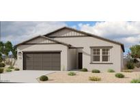 Charming single-story home with neutral stucco, dark trim, a two-car garage, and low maintenance front yard landscaping at 46819 W Cansados Rd, Maricopa, AZ 85139